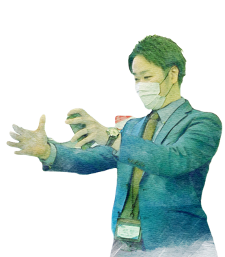 営業部の男性スタッフが顧客に製品の説明をしている社員紹介用の写真